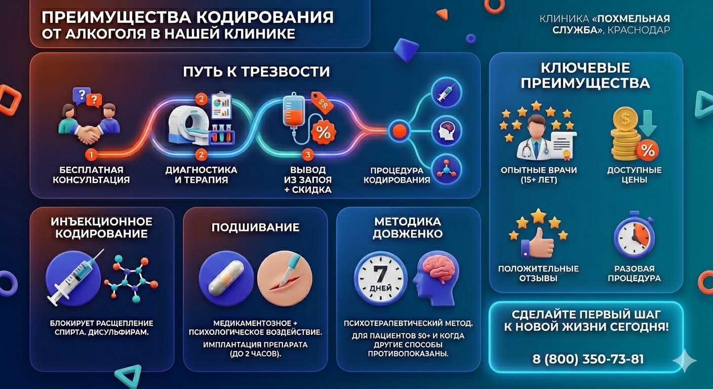 Инфографика о методах кодирования от алкоголя в Оренбурге: инъекции, подшивание, метод Довженко. Преимущества клиники и этапы лечения.