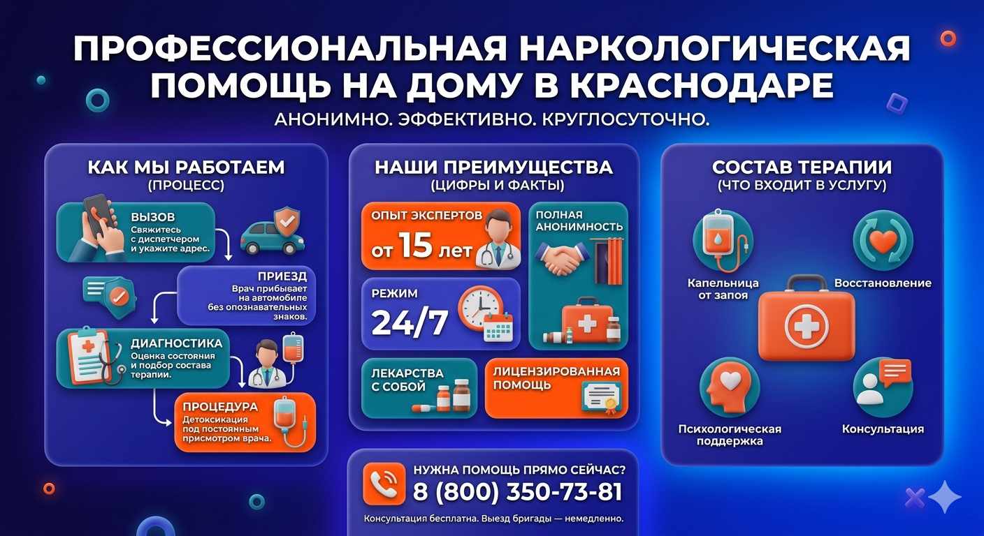 Инфографика о принципах лечения алкоголизма на дому в Оренбурге: этапы вызова нарколога, преимущества анонимной детоксикации и состав медицинской помощи.